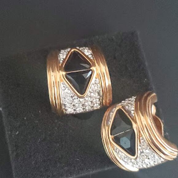 Swarovski Gold Plated Clip-on Earrings with Black and Clear Stones Swan Signed - Picture 4 of 7